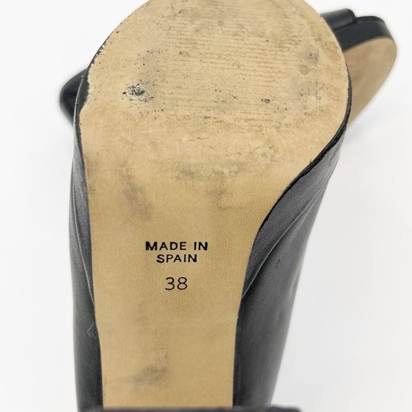 Black Leather Platform Mule Peep Toe Patent Block Heels - Picture 9 of 9